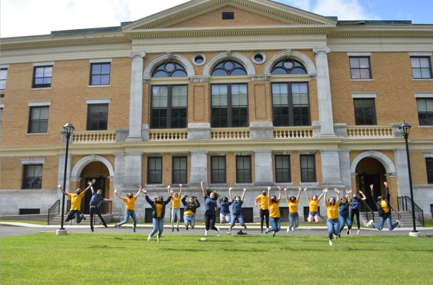 A zoomed out campus shot of students having fun